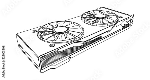 Sketch of a video card in isometric projection, isolated outline vector illustration on a white background. Graphics or display card, graphics or video adapter for gaming, mining, rendering.