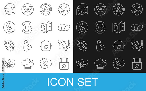 Set line Shopping bag with recycle, No fish, Chicken egg, Vegan food diet, leather, Rabbit, Cheese and Vegetarian menu icon. Vector