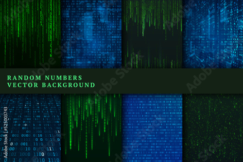 Binary code background set. Random numbers stream. Digital data coding in matrix style. Sci fi abstract futuristic wallpape