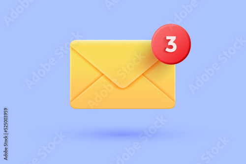 Yellow mail envelope with red marker message on purple background. Email notification. Minimal design. 3D Vector illustration