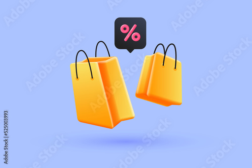 3d cartoon shopping bags floating with percent sign. Online shopping, sale promotion, discount concept. 3d vector illustration