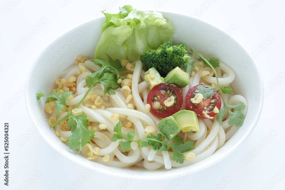 Japanese fusion food, broccoli and cherry tomato with avocado cold udon noodles for Summer cuisine Japanese fusion food, broccoli and cherry tomato with avocado cold udon noodles for Summer cuisine
