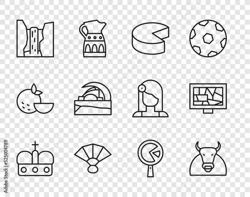 Set line Crown of spain, Bull, Cheese, Fan flamenco, Algar waterfall, Concert hall de Tenerife, Omelette frying pan and Picture art icon. Vector