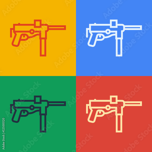 Pop art line Submachine gun M3, Grease gun icon isolated on color background. Vector