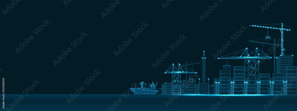 Vetor do Stock: Trade port low poly wireframe banner template. Digital ...