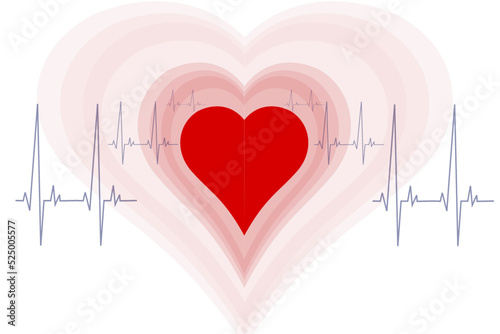 red heart blurry pulse contour with cardiograph heartbeat with echoes on white background 