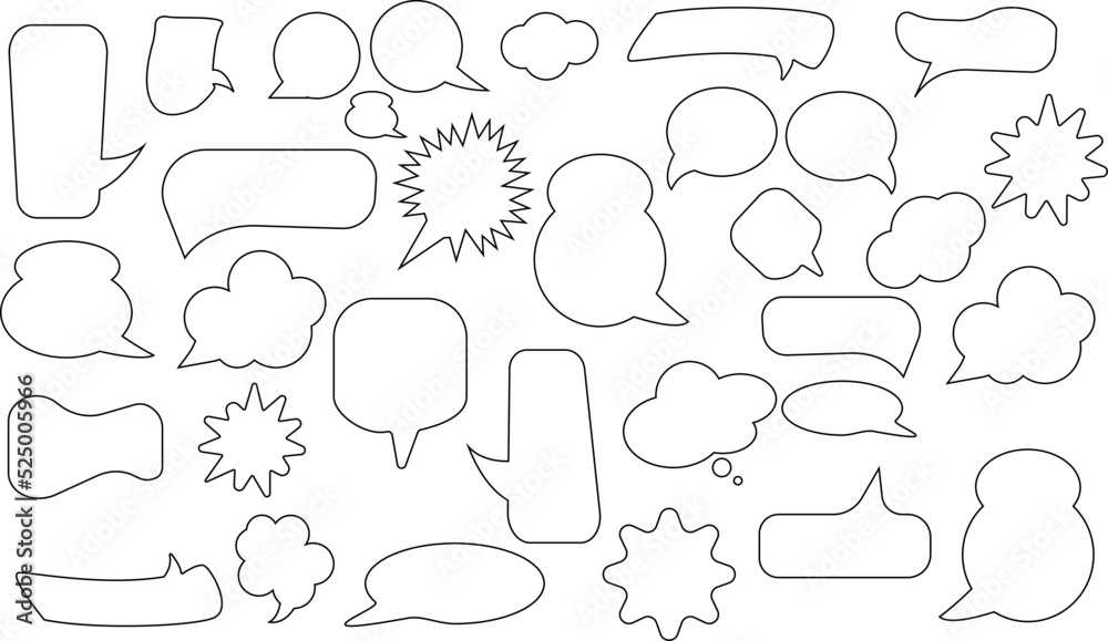 Fototapeta premium Linear speech bubbles, blank chat balloons in various shapes. Comic cloud bubble, empty dialog balloon, outline conversation message icon vector set