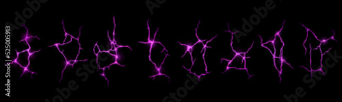Lava in ground cracks, volcano magma purple glow texture in cracking holes, ruined land surface. Earthquake destruction, split, damage fissure effect after disaster, isolated Realistic 3d vector set