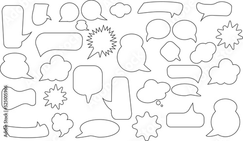 Linear speech bubbles, blank chat balloons in various shapes. Comic cloud bubble, empty dialog balloon, outline conversation message icon vector set