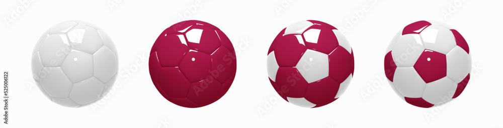 Fototapeta premium Set of soccer balls in classic shape. Football balls glossy figurines realistic 3d design style. White, maroon and combination. Mockup of sports elements isolated on white. 3d vector