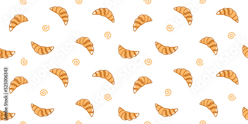 Ornament of croissants on a white background with small spirals. Endless texture with French pastry. Vector seamless pattern for bakery design, store, confectionery, packaging, surface texture, print