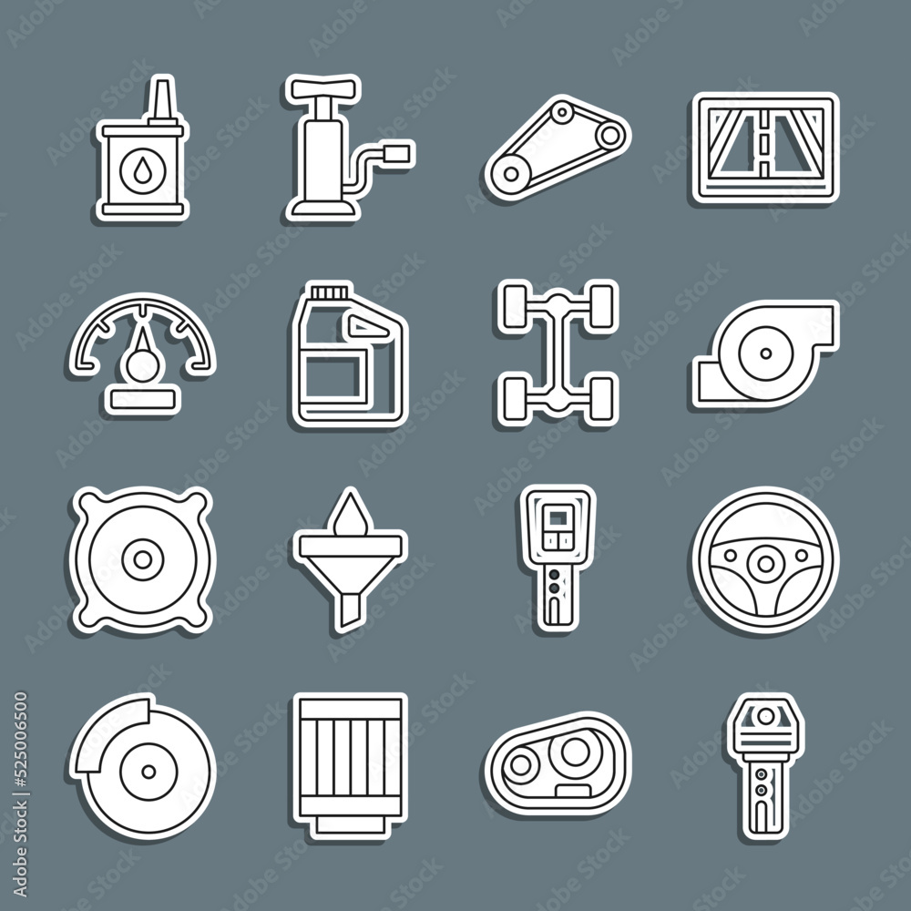 Set line Car key with remote, Steering wheel, Automotive turbocharger, Timing belt kit, Canister for motor oil, Speedometer, and Chassis car icon. Vector Set line Car key with remote, Steering wheel, Automotive turbocharger, Timing belt kit, Canister for motor oil, Speedometer, and Chassis car icon. Vector