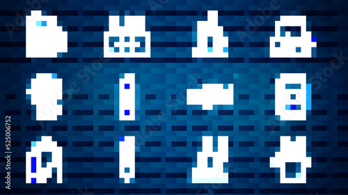 Set line Beer bottles in ice bucket, can, tap with glass, Plastic beer, Happy hour, Wooden mug, Dried fish and Pack of icon. Vector