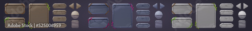 Stone game menu boards with vines, rope and leaves. Tablets, buttons, cartoon interface plaques, frames and arrows of rocky texture. Ui or gui design elements. Isolated user panel keys, Vector set