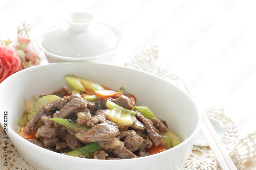 Beef and celery stir fried and tea for Chinese food image Beef and celery stir fried and tea for Chinese food image