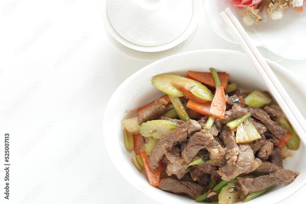 Beef and celery stir fried and tea for Chinese food image Stock Photo