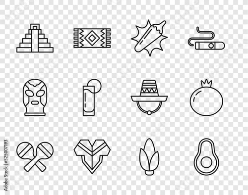 Set line Maracas, Avocado fruit, Hot chili pepper pod, Poncho, Chichen Itza in Mayan, Tequila glass with lemon, Corn and Tomato icon. Vector