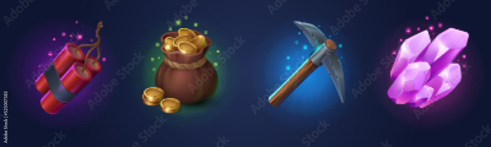 Game props icons dynamite, golden coins in sack, pickaxe and pink crystals ui or gui design elements. Game assets, gold mine items money, pick and gem stones treasure, Isolated cartoon 3d vector set - obrazy, fototapety, plakaty 