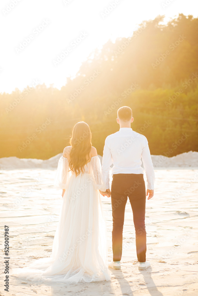 Fototapeta premium Newlyweds in love holding hands at sunset. Back view