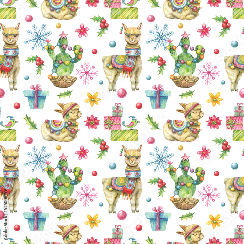 Seamless watercolor background in cartoon new year style. Cute alpacas  gift boxes  confetti and dressed up cacti  snowflakes  garlands holiday patterns.