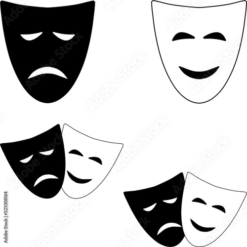Theatrical masks of Comedy and tragedy. Black and white vector isolated symbols of the theater.
