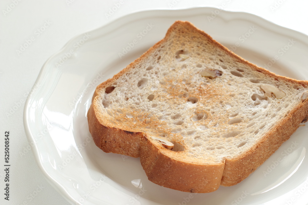 Toasted walnut bread on white dish with copy space Toasted walnut bread on white dish with copy space