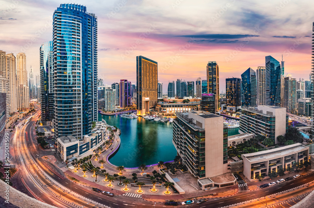 Dubai marina skyline in UAE at sunset - obrazy, fototapety, plakaty 