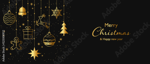 Luxury vector illustration background of gold Christmas ornaments on black background.
