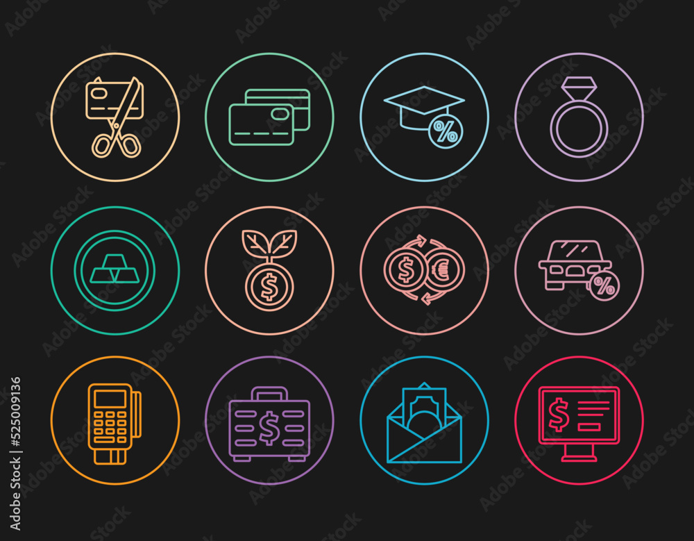 Set line Monitor with dollar, Car leasing percent, Graduation cap and coin, Dollar plant, Gold bars, Scissors cutting credit card, Money exchange and Credit icon. Vector Set line Monitor with dollar, Car leasing percent, Graduation cap and coin, Dollar plant, Gold bars, Scissors cutting credit card, Money exchange and Credit icon. Vector