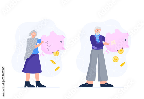 Lack of money concepts. Losing savings, poverty in old age, and financial crisis. An old man and woman with a piggy bank in their hands. Vector flat illustrations isolated on the white background.