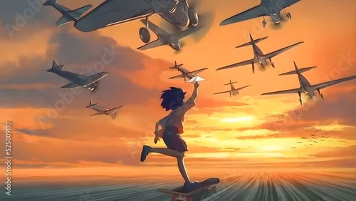 Obraz Kid running with planes at sunset background and wallpaper