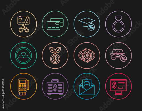 Set line Monitor with dollar, Car leasing percent, Graduation cap and coin, Dollar plant, Gold bars, Scissors cutting credit card, Money exchange and Credit icon. Vector