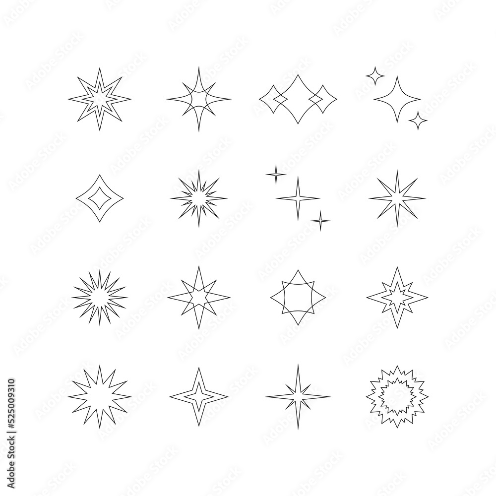 Set of linear stars icons. Collection of abstract design elements. Decorative symbols. Vector illustration.	