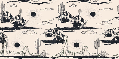 Desert, Outdoors, Adventure, Vector Pattern, Black and white, Western cartoon desert landscape seamless pattern with cactuses, herbs, sand dunes and stones. Detailed colored  background. Black white ,