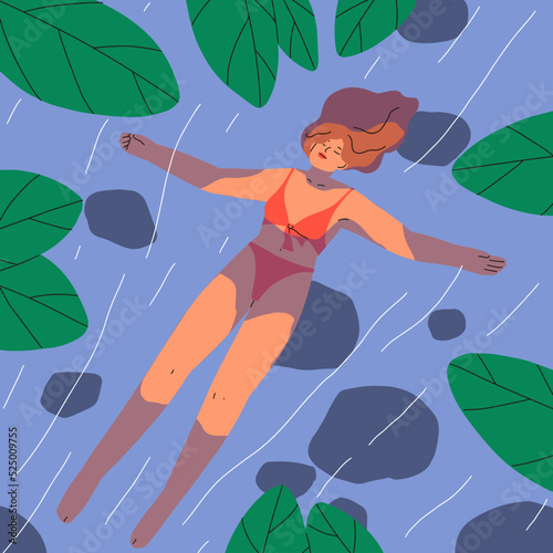Woman swimming, floating on back in water, top view. Girl in bikini relaxing in lake in summer. Female swimmer relaxation on river surface. Unity with nature, harmony concept. Flat vector illustration