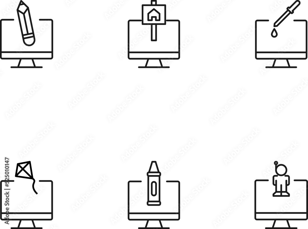 Modern monochrome symbols for web sites, apps, articles, stores, adverts. Editable strokes. Vector icon set with icon of pencil, house, kite, astronaut on computer monitor Modern monochrome symbols for web sites, apps, articles, stores, adverts. Editable strokes. Vector icon set with icon of pencil, house, kite, astronaut on computer monitor