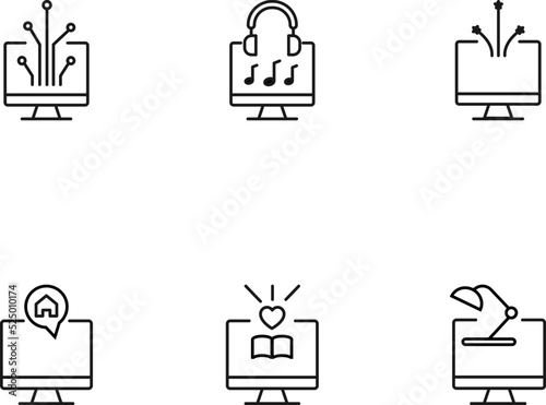 Modern monochrome symbols for web sites, apps, articles, stores, adverts. Editable strokes. Vector icon set with icon of algorithm, headphones, fireworks, house, love, book, table lamp on computer