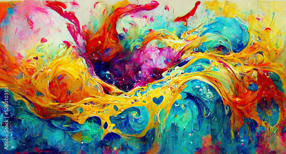 Abstract colorful paint splashes, acrylic fluid art digital illustration