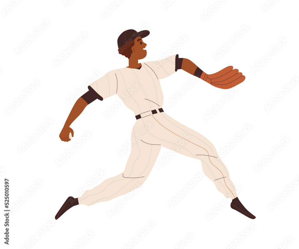 Baseball pitcher player running with ball to throw. Athlete thrower in pitch glove. Sports man playing game. Happy sportsman in action. Flat vector illustration isolated on white background Baseball pitcher player running with ball to throw. Athlete thrower in pitch glove. Sports man playing game. Happy sportsman in action. Flat vector illustration isolated on white background