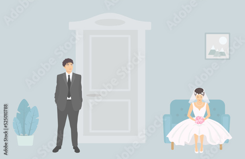 Bride and groom are waiting for wedding ceremony. Cartoon flat style. Vector illustration