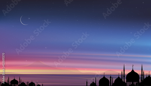 Islamic card with Silhouette Dome Mosques,Crescent moon on Orange sky background,Vetor Ramadhan Night with twilight dusk sky for Islamic religion,Eid al-Adha,Eid Mubarak,Eid al fitr,Ramadan Kareem