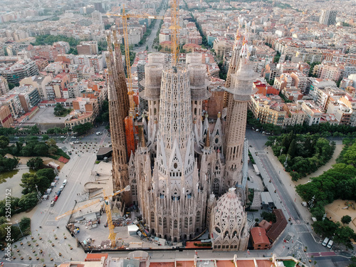 Spain, Catalonia, Barcelona, Aerial view of Sagrada Familia basilica photo