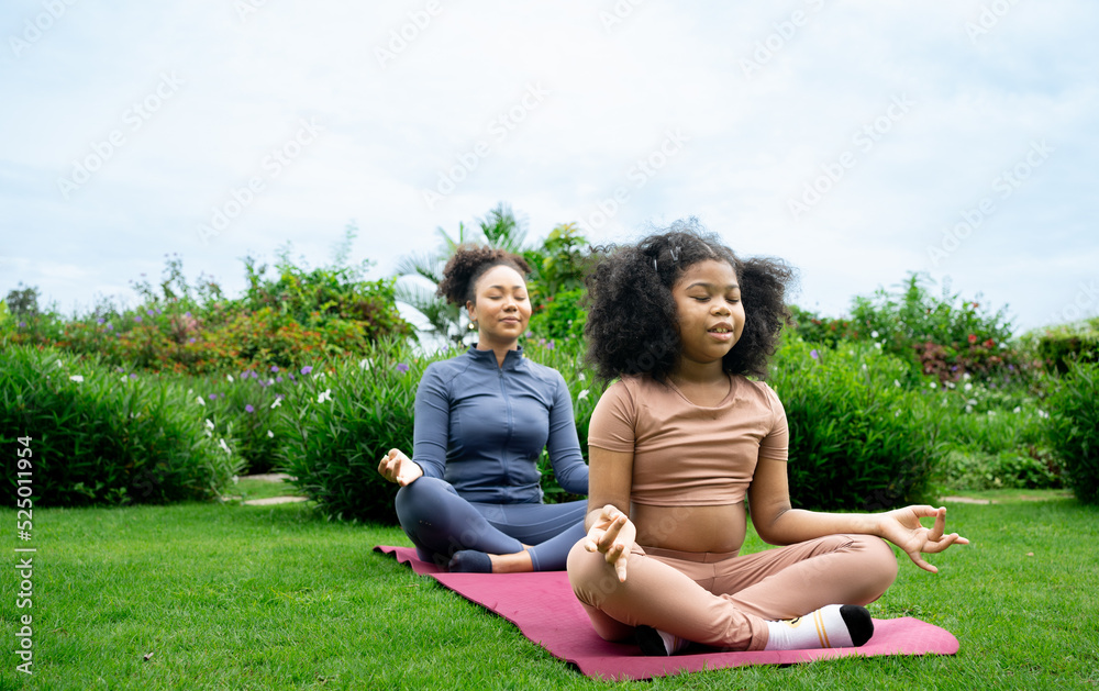 Fototapeta premium African american Mother daughter doing yoga exercises on grass in park at day time. People having fun outdoors. Concept of friendly family and of summer vacation. Mom and child in the lotus position.