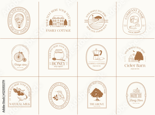 Collection of logotypes template for dairy farm and cheese production, a coffee shop, a vintage store or a local family busines. Linear logos, symbols, icons design template. Editable vector logotype.