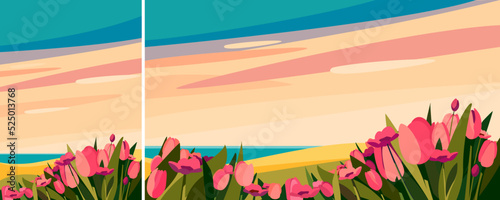 Pink flowers on the meadow. Nature landscape in different formats.