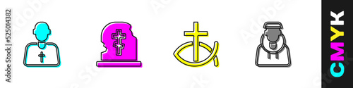 Set Priest, Grave with tombstone, Christian fish and Monk icon. Vector