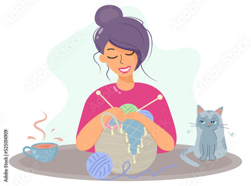 Girl knit. Knitting clothes, a woman sits at a table and knits. Cozy home interior with young woman, cat and cup of coffee, vector illustration in cartoon flat style.
