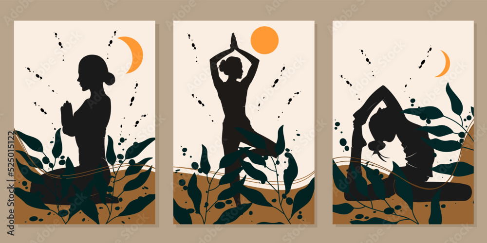 Fototapeta set of silhouette wall hangings of women posing yoga and abstract leaves. natural background