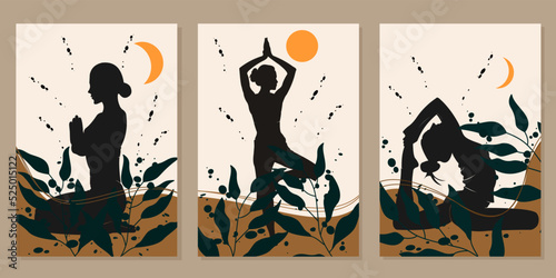 set of silhouette wall hangings of women posing yoga and abstract leaves. natural background