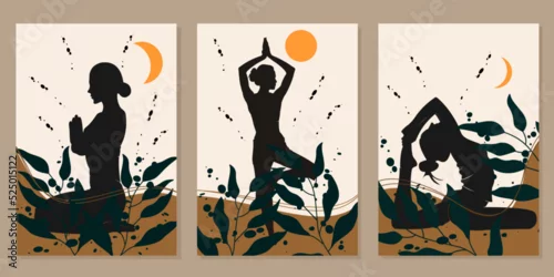 Fototapeta set of silhouette wall hangings of women posing yoga and abstract leaves. natural background